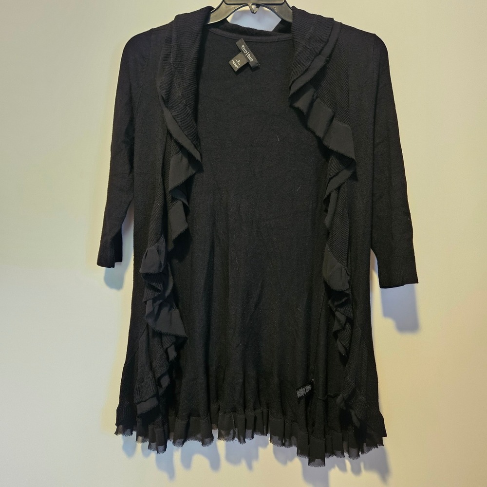 WHBM Cardigan Black Open Front 3/4 Sleeve Small Whimsigoth Witchy Ruffle Sweater